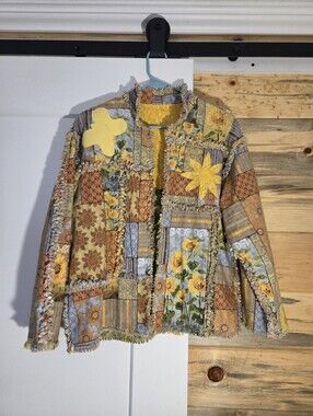 Hand Made Reversible Patchwork Sunflower Garden Whimsical Jacket Blazer Womens